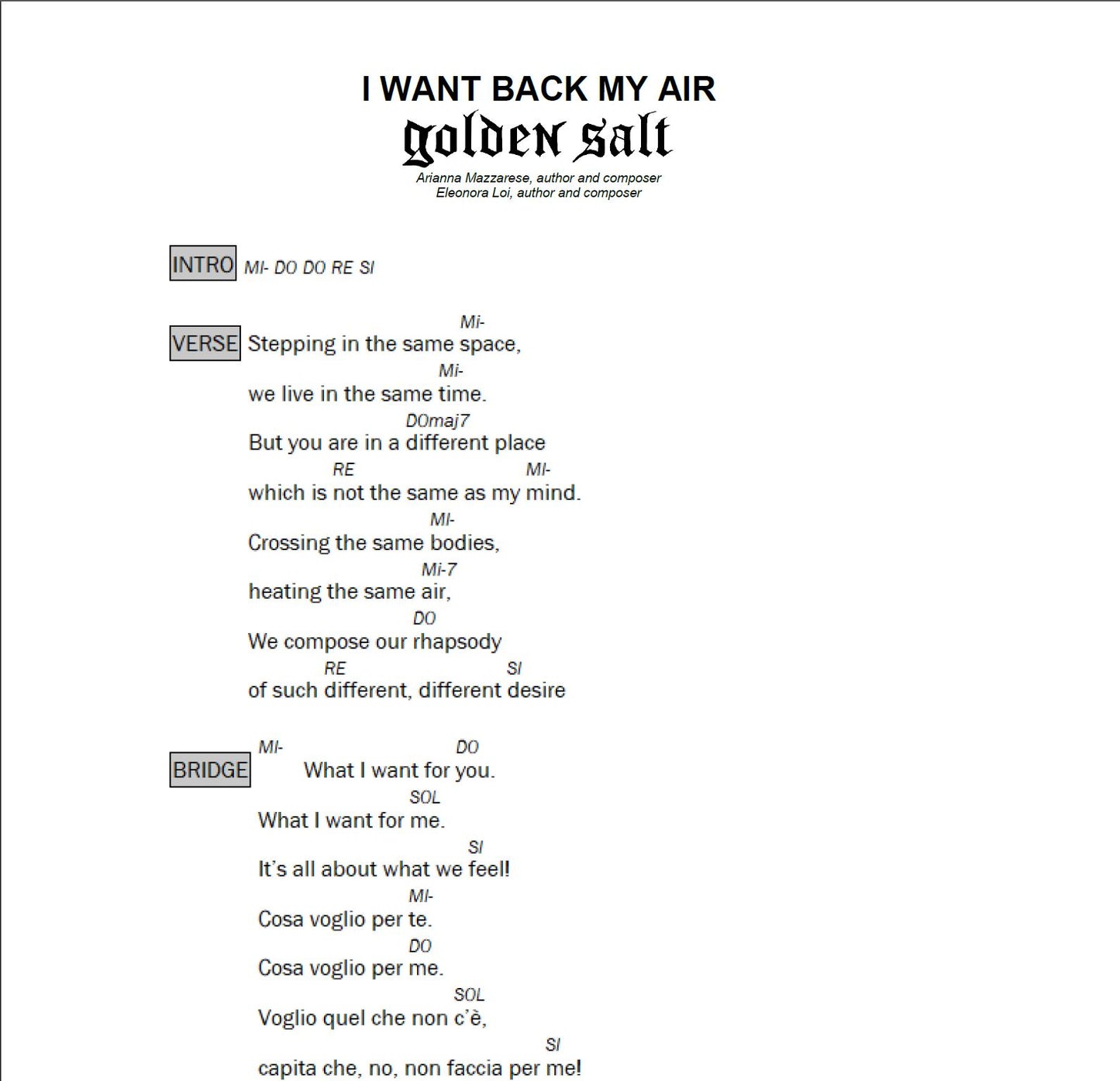 I Want Back My Air - Golden Salt | Sheet Music & Chords