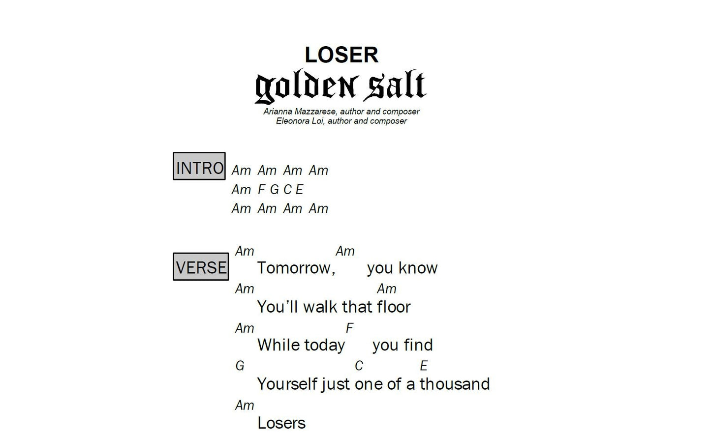 Loser - Golden Salt Sheet Music and Chords