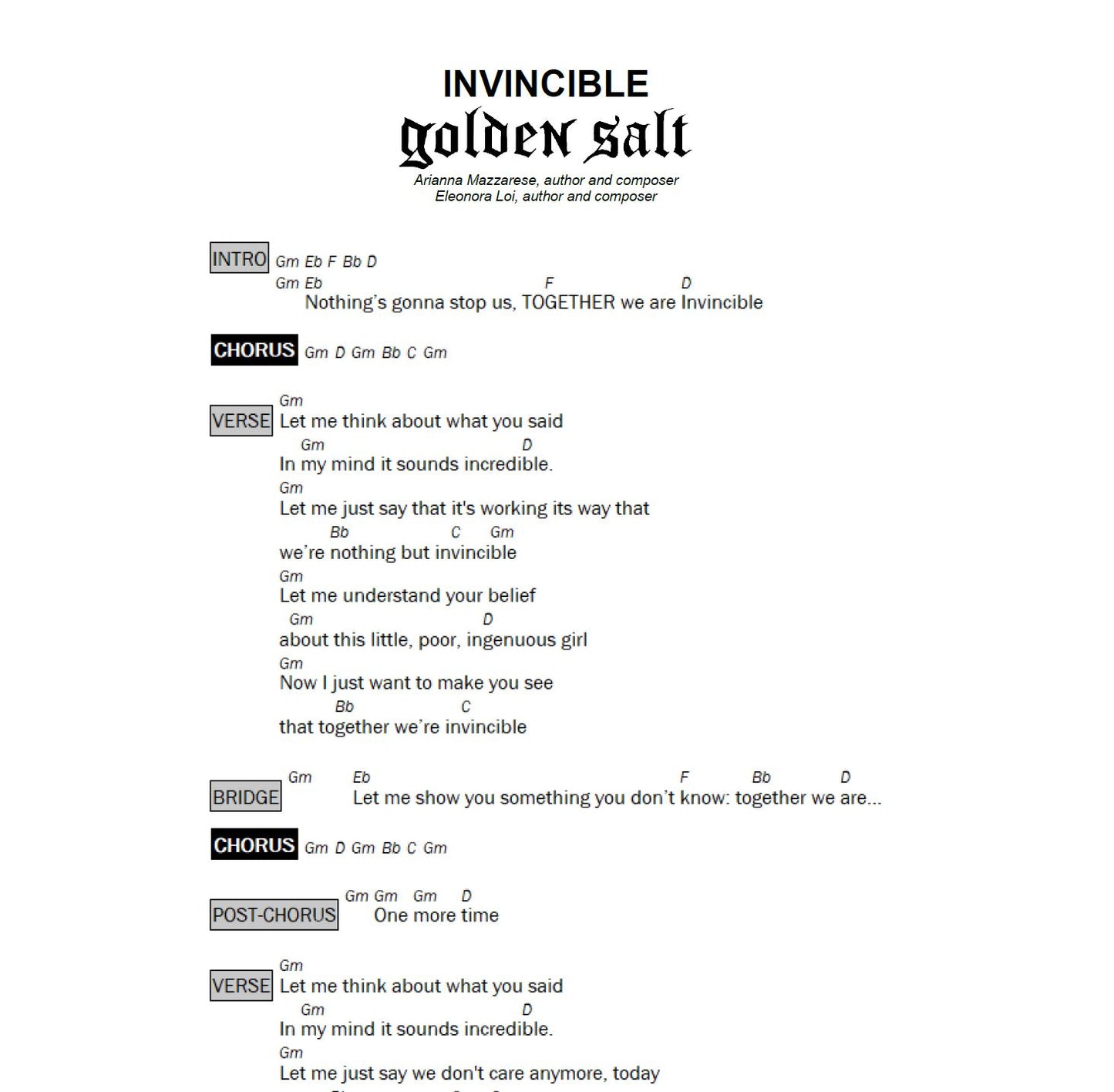 Invincible - Golden Salt Sheet Music and Chords